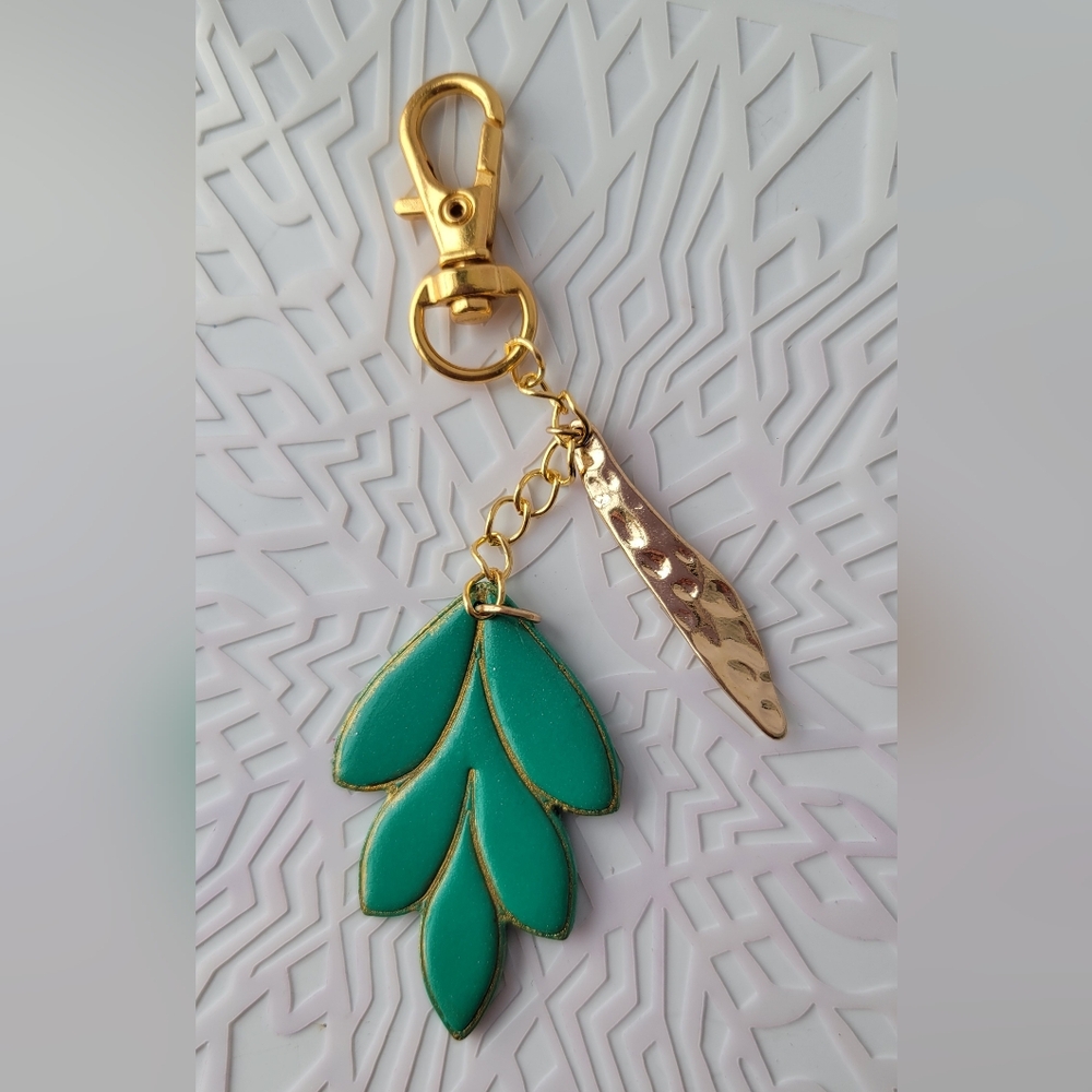 Gold and Green Leaf Keychain Bag Charm